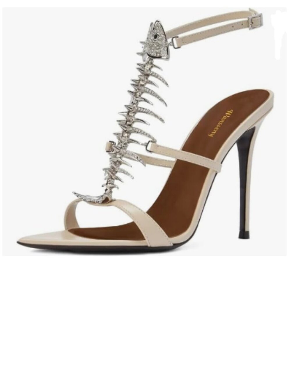 Wansseny White Open Toe Fishbone Rhinestone Ankle Strap Buckle High Heel Sandals
